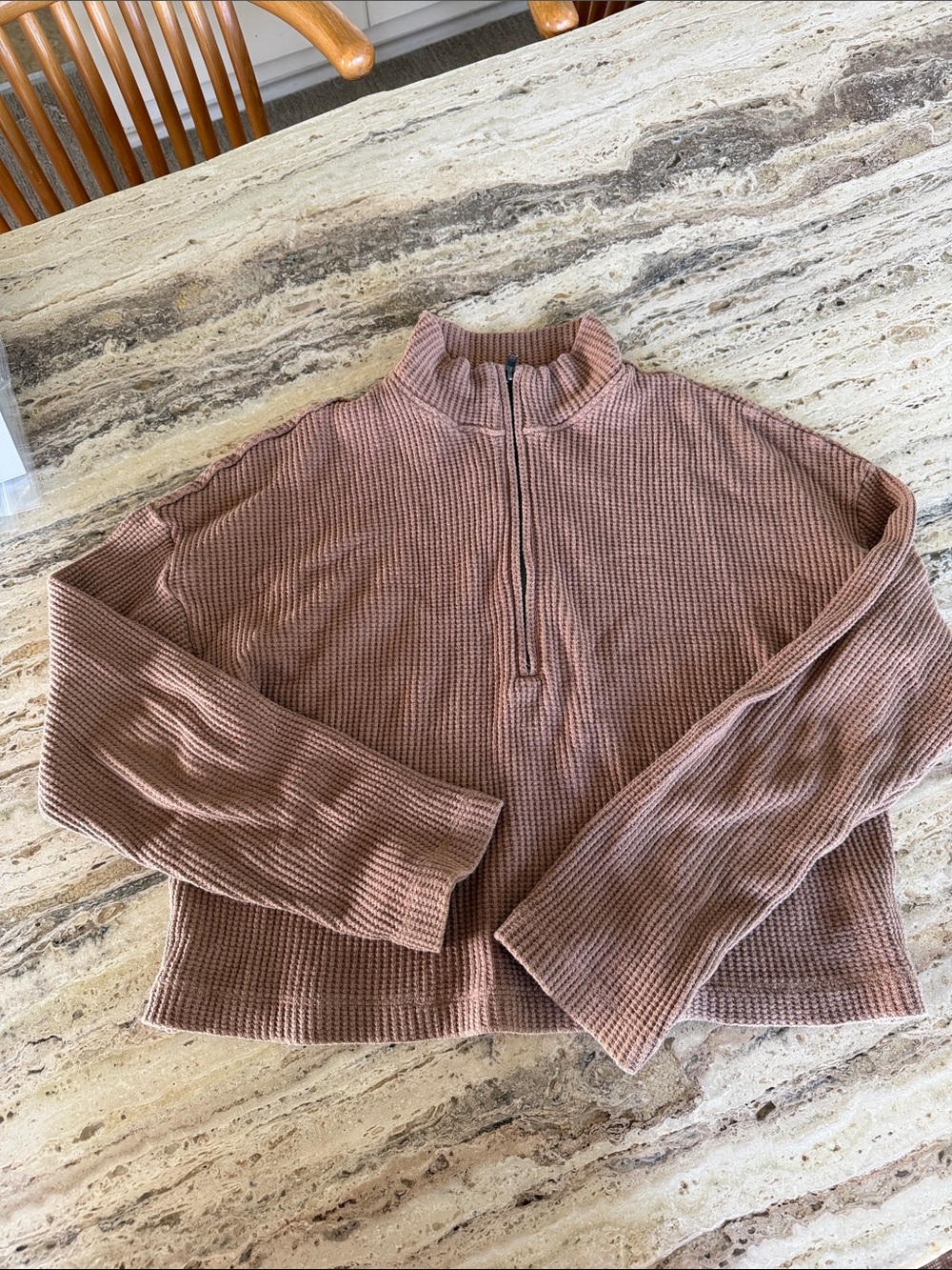 Reformation Waffle-Knit Half-Zip Sweater in Camel Brown